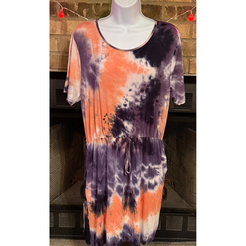 Simply Southern Women Tie Dye T-Shirt Dress Purple Orange XL Drawstring Waist